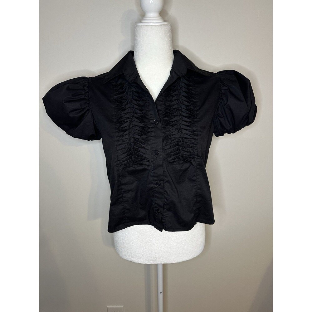 Monica Nera Summer Top In Black Button Up Blouse Puff Sleeve XS - Picture 2 of 10